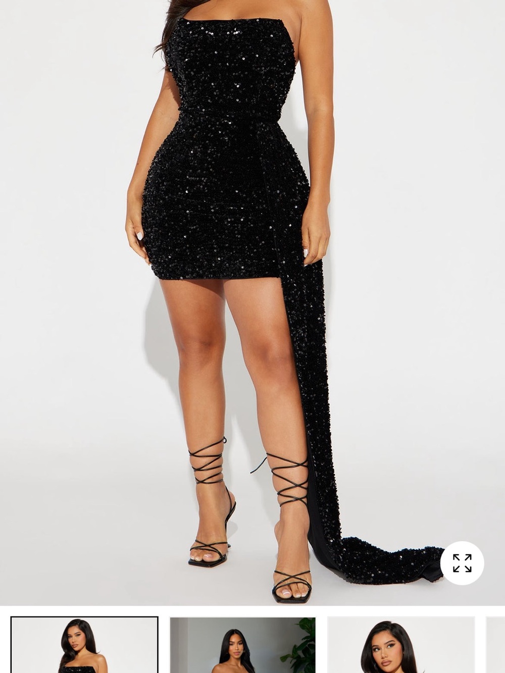 Fashion Nova Black Strapless Sequin Asymmetric Mini Dress with Train